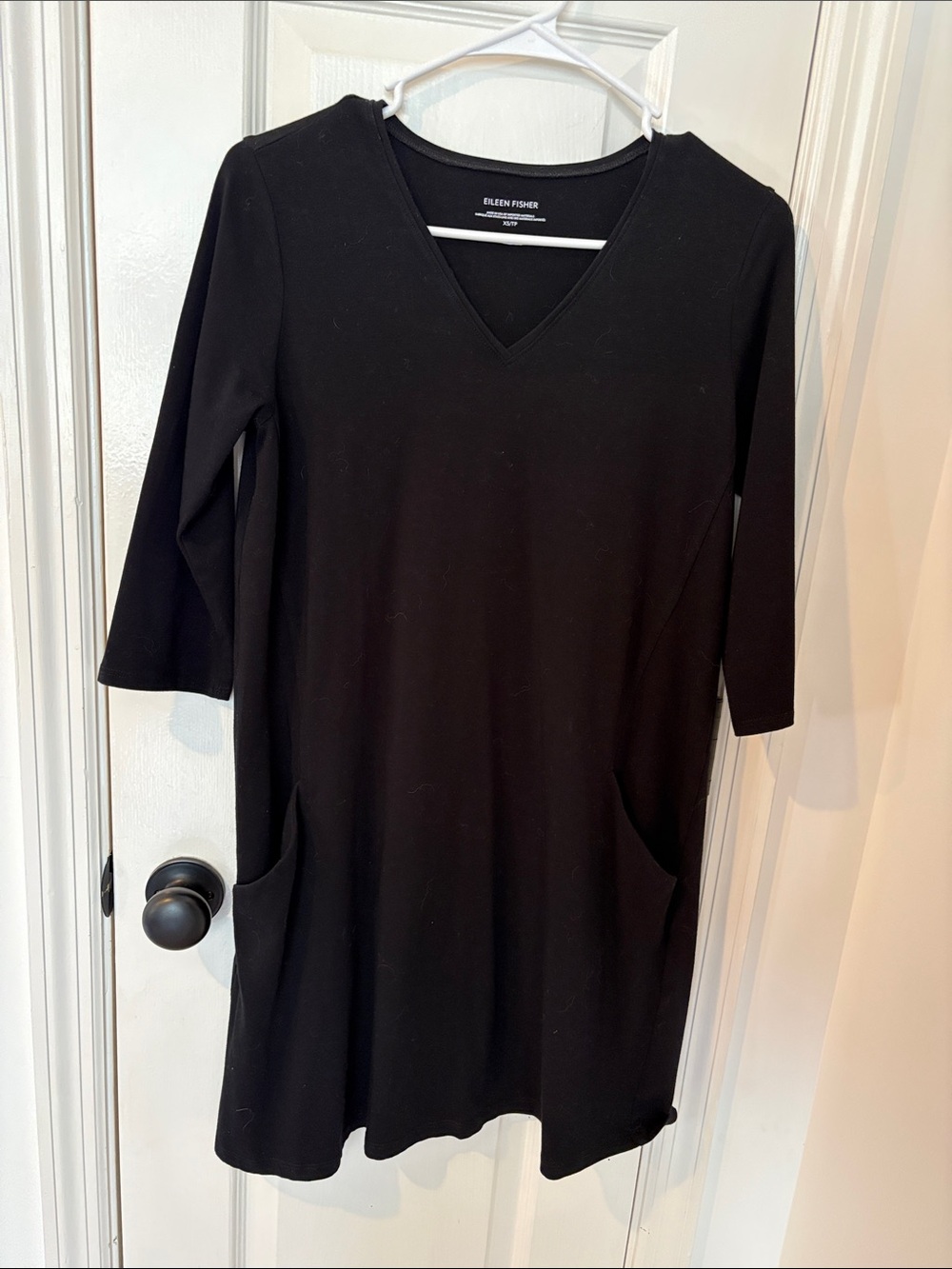 Eileen Fisher Black V-Neck Midi Dress with Pockets